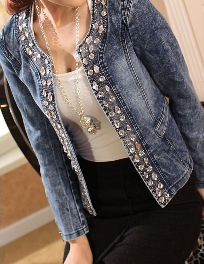 Spot Stretch Denim Jacket with Rhinestone Sequins | Retro Short Coat