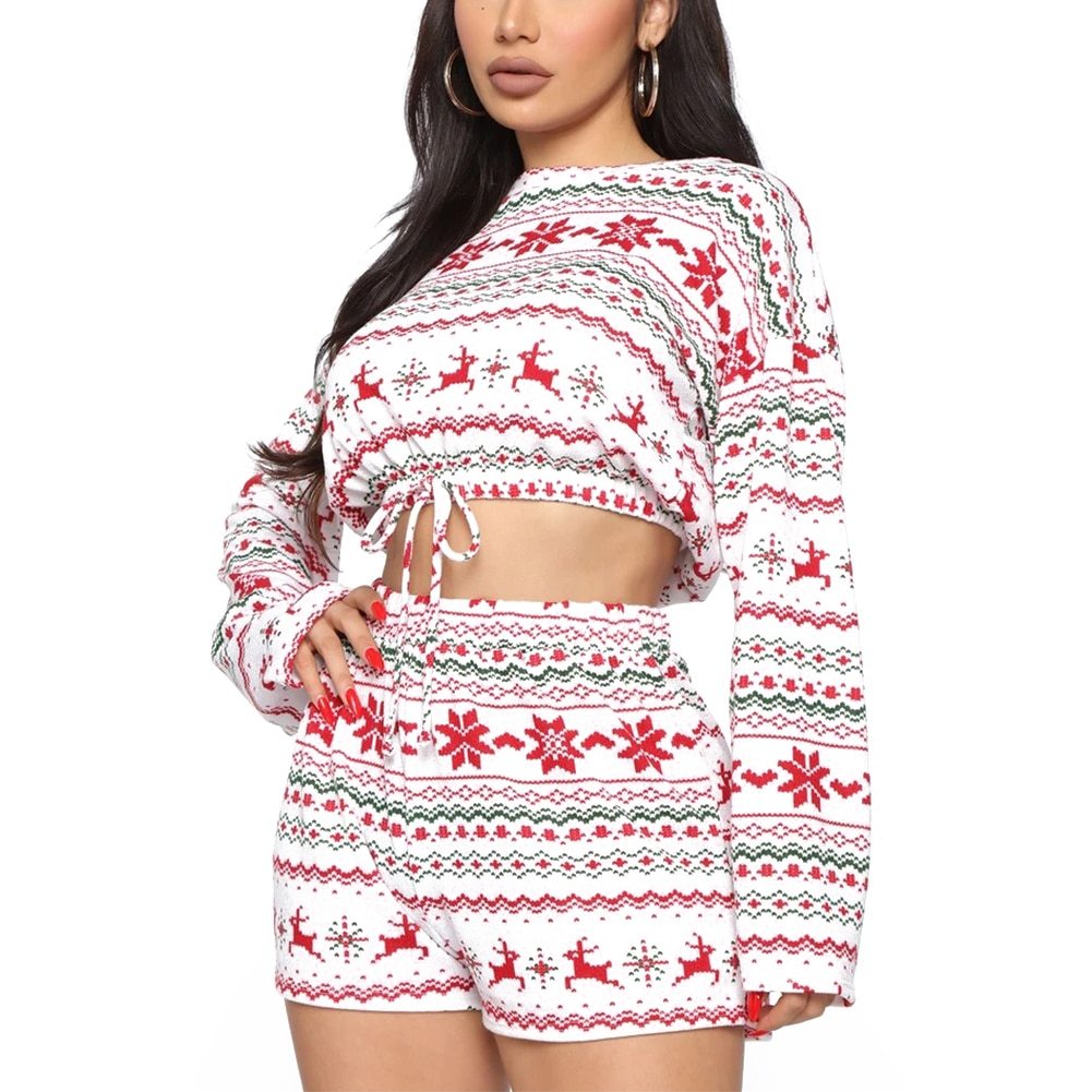 Women Christmas Pajama Sets Long Sleeve Crop Top & Shorts – 2Pcs