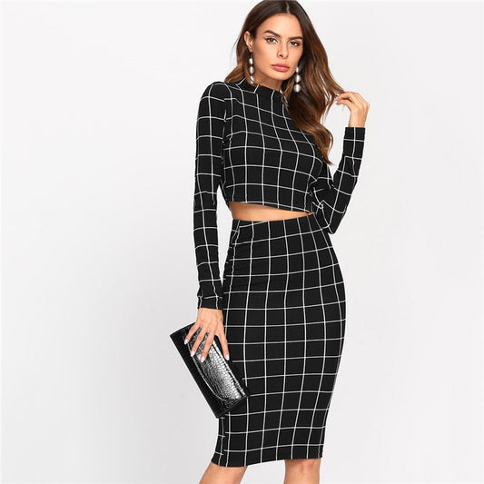 Stand Collar Long Sleeve 2 Piece Set Women Crop Grid Top & Pencil Skirt Co-Ord