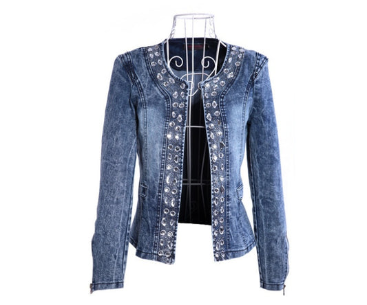 Spot Stretch Denim Jacket with Rhinestone Sequins | Retro Short Coat