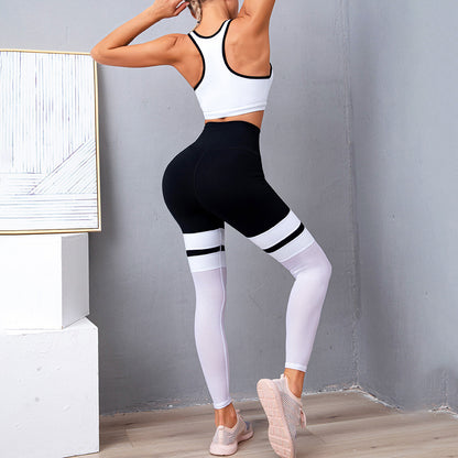 Yoga Leggings Black and White Stitching Hip Breathable Mesh Yoga Pants