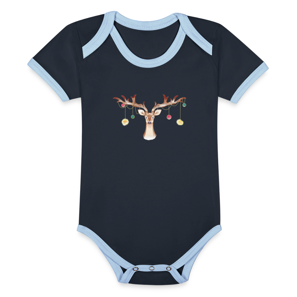 Reindeer with Decorative Hanging Ornaments | Organic Contrast Short Sleeve Baby Bodysuit - navy/sky