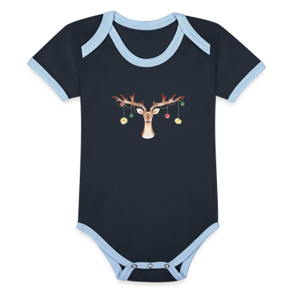 Reindeer with Decorative Hanging Ornaments | Organic Contrast Short Sleeve Baby Bodysuit - navy/sky