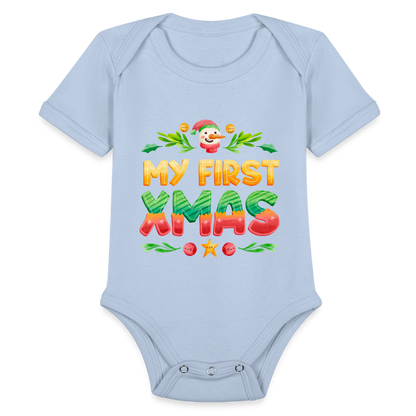 My First XMAS for Baby | Organic Short Sleeve Baby Bodysuit - sky