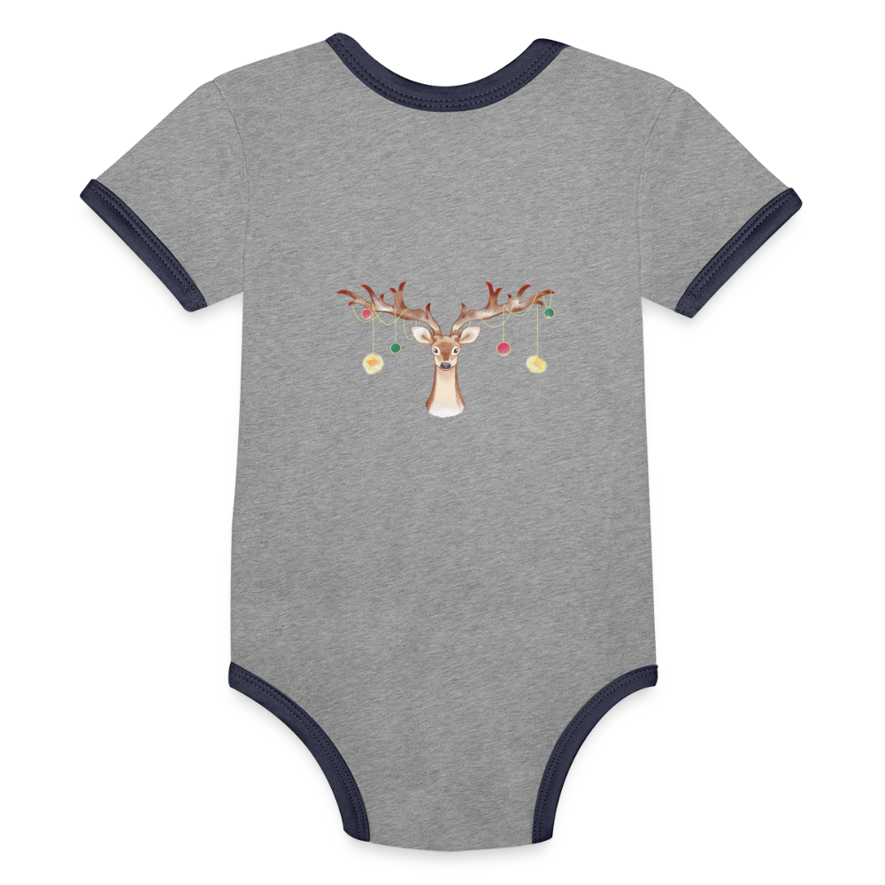 Reindeer with Decorative Hanging Ornaments | Organic Contrast Short Sleeve Baby Bodysuit - heather gray/navy