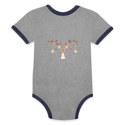 Reindeer with Decorative Hanging Ornaments | Organic Contrast Short Sleeve Baby Bodysuit - heather gray/navy