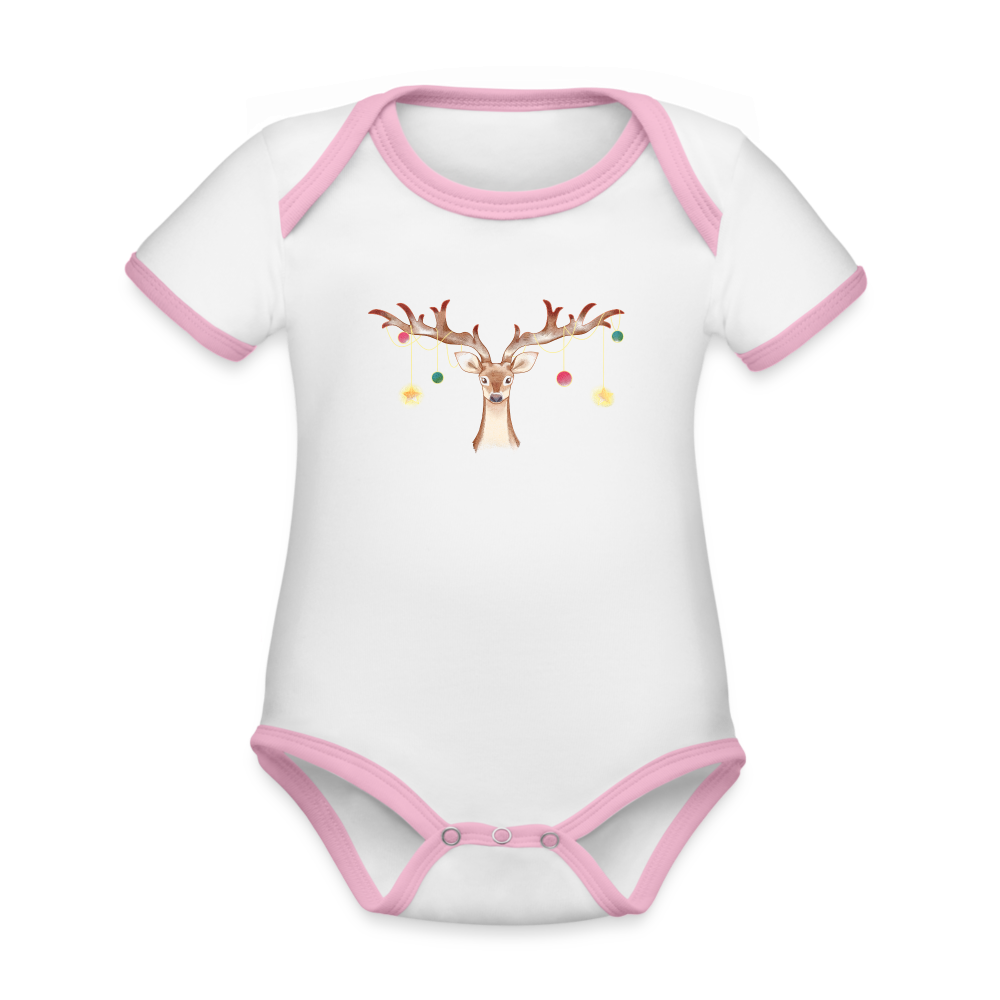 Reindeer with Decorative Hanging Ornaments | Organic Contrast Short Sleeve Baby Bodysuit - white/pink