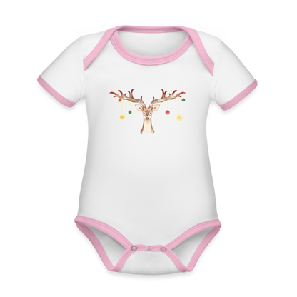 Reindeer with Decorative Hanging Ornaments | Organic Contrast Short Sleeve Baby Bodysuit - white/pink