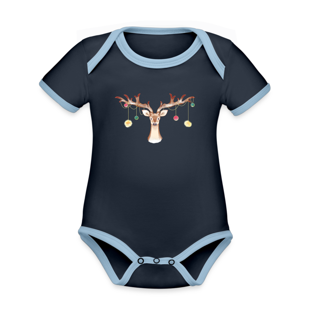 Reindeer with Decorative Hanging Ornaments | Organic Contrast Short Sleeve Baby Bodysuit - navy/sky