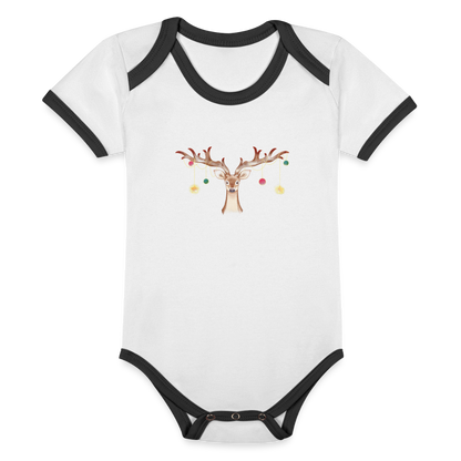 Reindeer with Decorative Hanging Ornaments | Organic Contrast Short Sleeve Baby Bodysuit - white/black