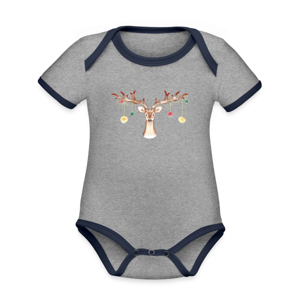 Reindeer with Decorative Hanging Ornaments | Organic Contrast Short Sleeve Baby Bodysuit - heather gray/navy