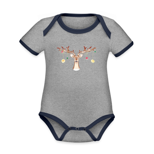 Reindeer with Decorative Hanging Ornaments | Organic Contrast Short Sleeve Baby Bodysuit - heather gray/navy