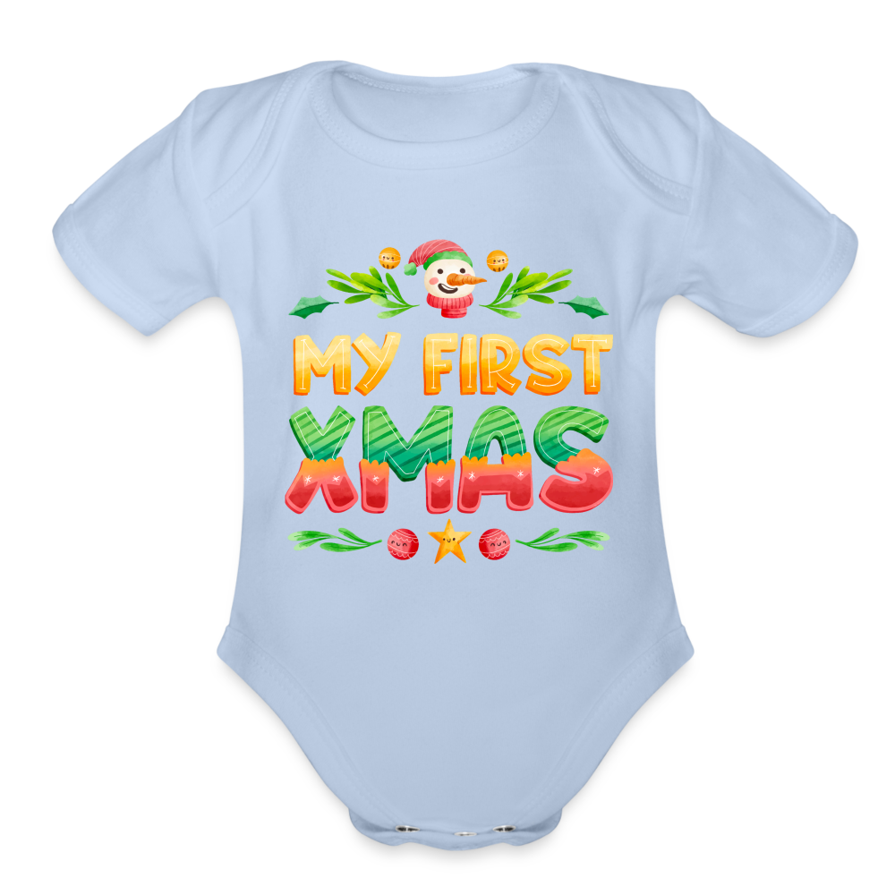 My First XMAS for Baby | Organic Short Sleeve Baby Bodysuit - sky