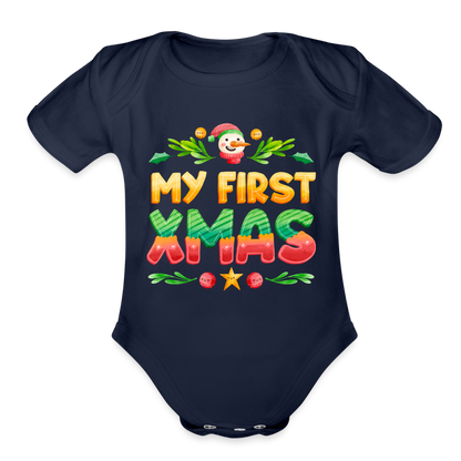 My First XMAS for Baby | Organic Short Sleeve Baby Bodysuit - dark navy