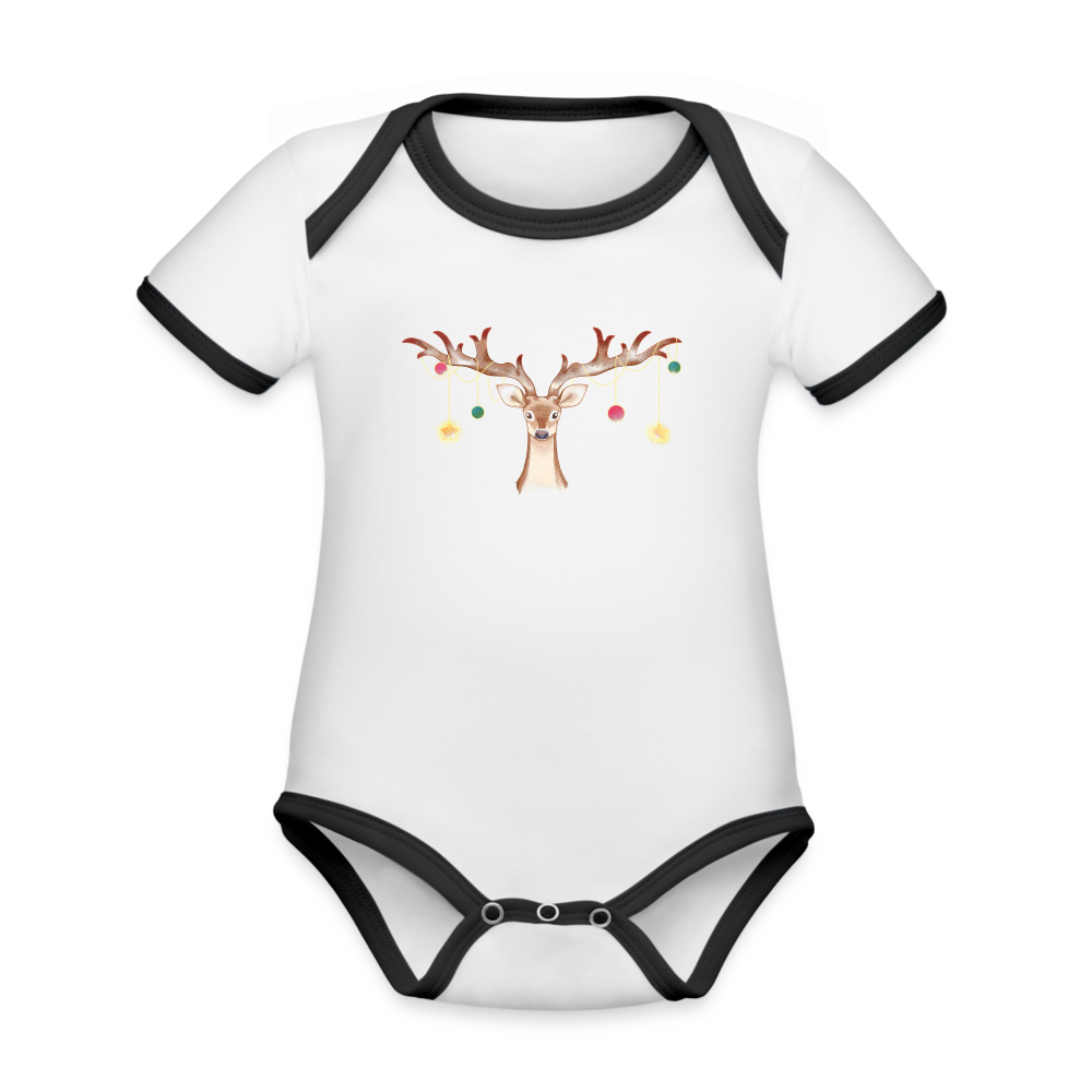 Reindeer with Decorative Hanging Ornaments | Organic Contrast Short Sleeve Baby Bodysuit - white/black