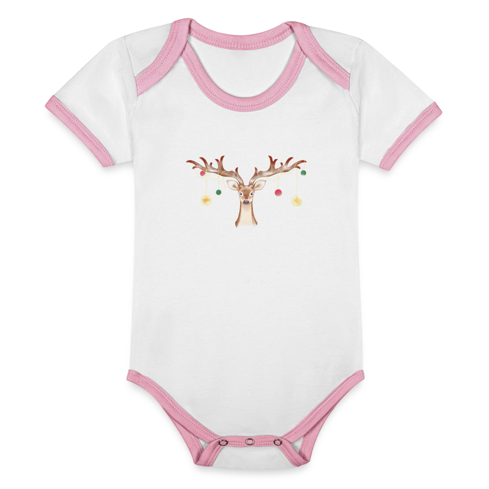 Reindeer with Decorative Hanging Ornaments | Organic Contrast Short Sleeve Baby Bodysuit - white/pink