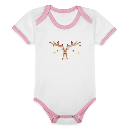 Reindeer with Decorative Hanging Ornaments | Organic Contrast Short Sleeve Baby Bodysuit - white/pink