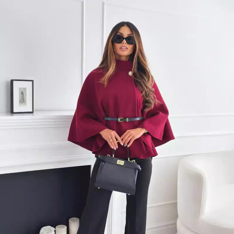 New Stand Collar Batwing Sleeves Cloak Top With Belt - Women's Woolen Sweater Outerwear