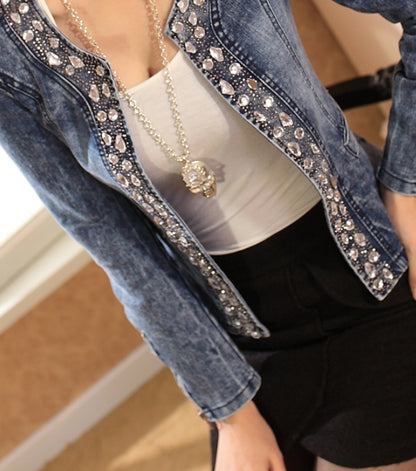 Spot Stretch Denim Jacket with Rhinestone Sequins | Retro Short Coat