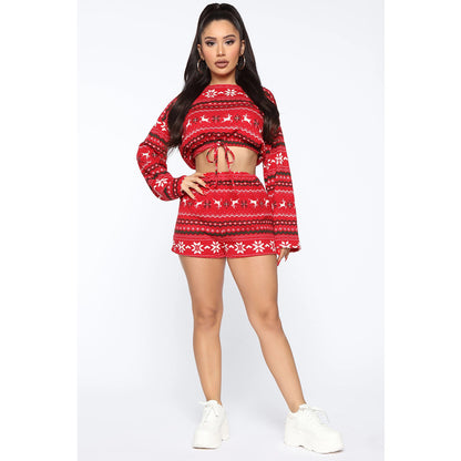 Women Christmas Pajama Sets Long Sleeve Crop Top & Shorts – 2Pcs