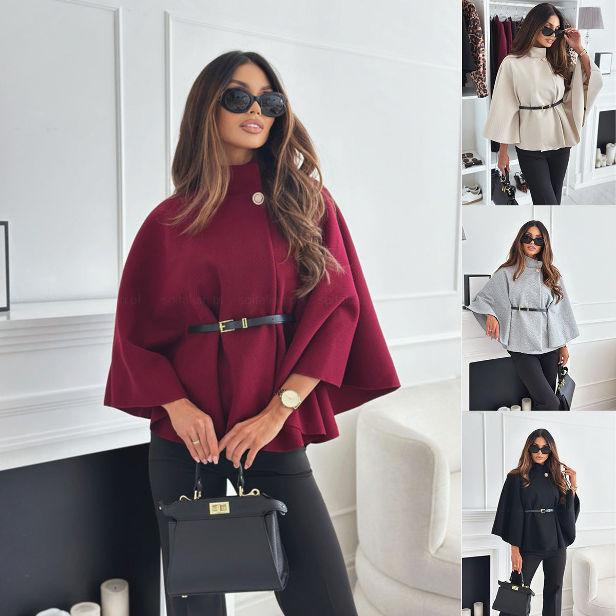 New Stand Collar Batwing Sleeves Cloak Top With Belt - Women's Woolen Sweater Outerwear