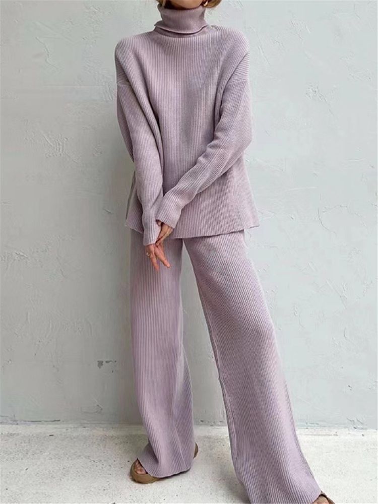 2 Pieces Women Sets Knitted Tracksuit Turtleneck Sweater