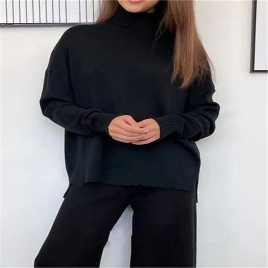 2 Pieces Women Sets Knitted Tracksuit Turtleneck Sweater