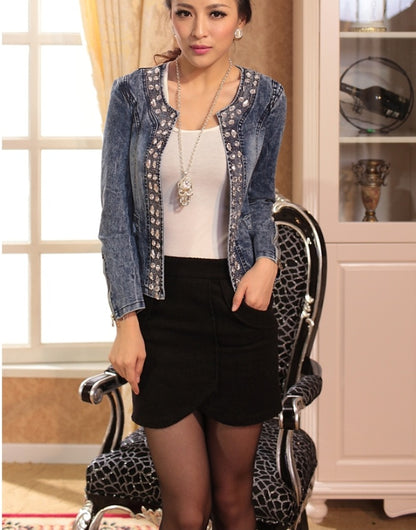 Spot Stretch Denim Jacket with Rhinestone Sequins | Retro Short Coat