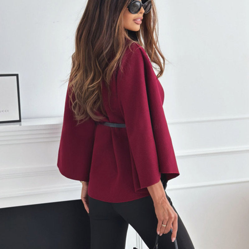 New Stand Collar Batwing Sleeves Cloak Top With Belt - Women's Woolen Sweater Outerwear