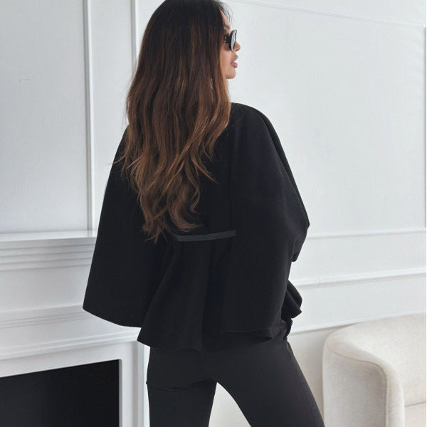 New Stand Collar Batwing Sleeves Cloak Top With Belt - Women's Woolen Sweater Outerwear