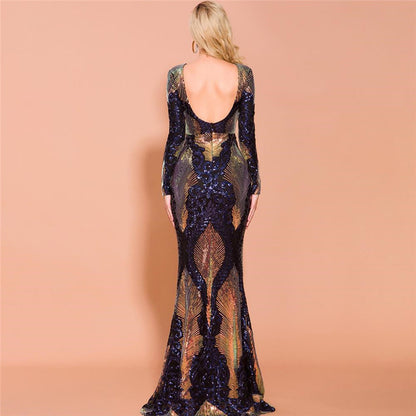 Long Sleeve Backless Sequin Dresses Female Maxi Multi Dress