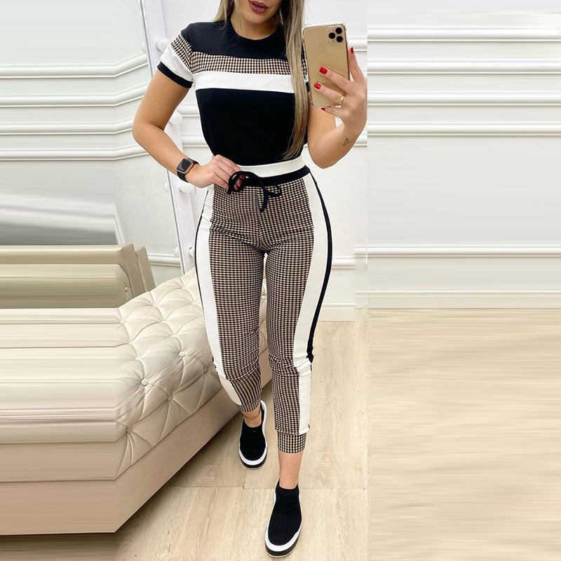 Fashion Women Sets Short Sleeve Tops High Waist Pants