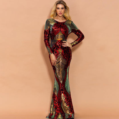 Long Sleeve Backless Sequin Dresses Female Maxi Multi Dress