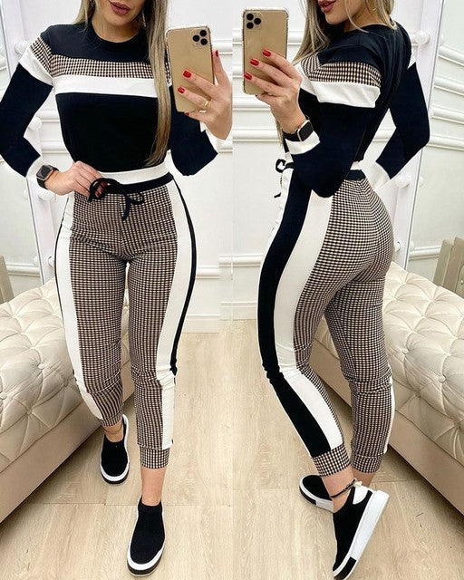 Fashion Women Sets Short Sleeve Tops High Waist Pants