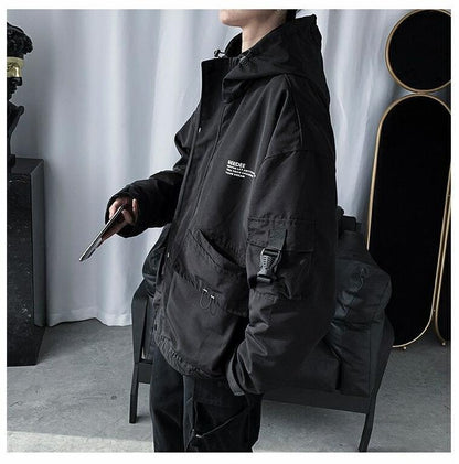 Techwear Jackets Coats Streetwear Cardigan Casual Bomber Outerwear Hooded Letter Multi-pocket For Men