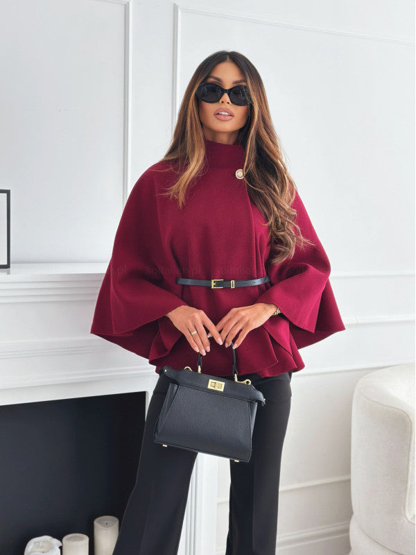 New Stand Collar Batwing Sleeves Cloak Top With Belt - Women's Woolen Sweater Outerwear